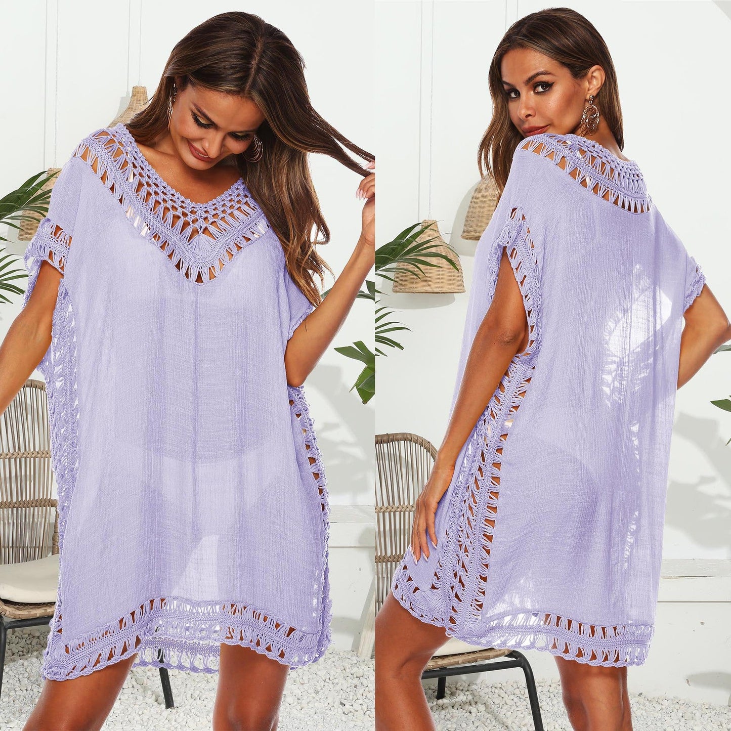 V-Neck Hollow Out Beach Cover-Up Dress