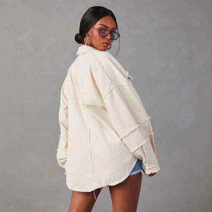 Trendy Oversized Denim Jacket With Studded Collar