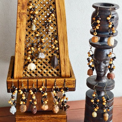 Botanical Pattern Wooden Bead Dangle Earrings