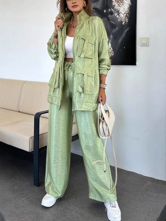 Fashionable Long Sleeve Solid Color Two-Piece Set with Straight-Leg Pants