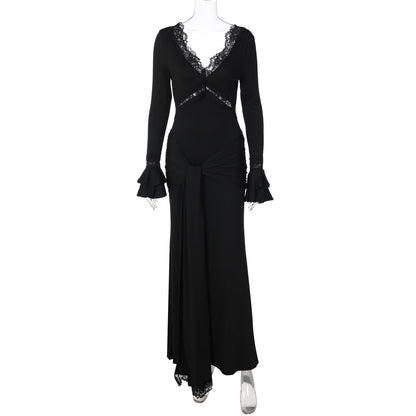 Elegant V-Neck Lace Trimmed Long Sleeve Dress