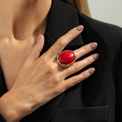 Retro Bold Red Gem Resin Ring Stylish Geometric Metal Wide Band Ring
