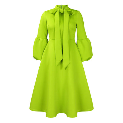 Elegant High-Waisted Dress With Puff Sleeves And Flared Skirt
