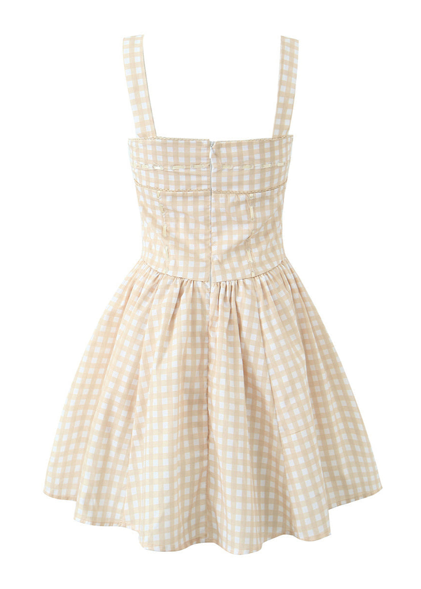 Sleeveless Gingham Mini Dress Beige Polyester Cotton
