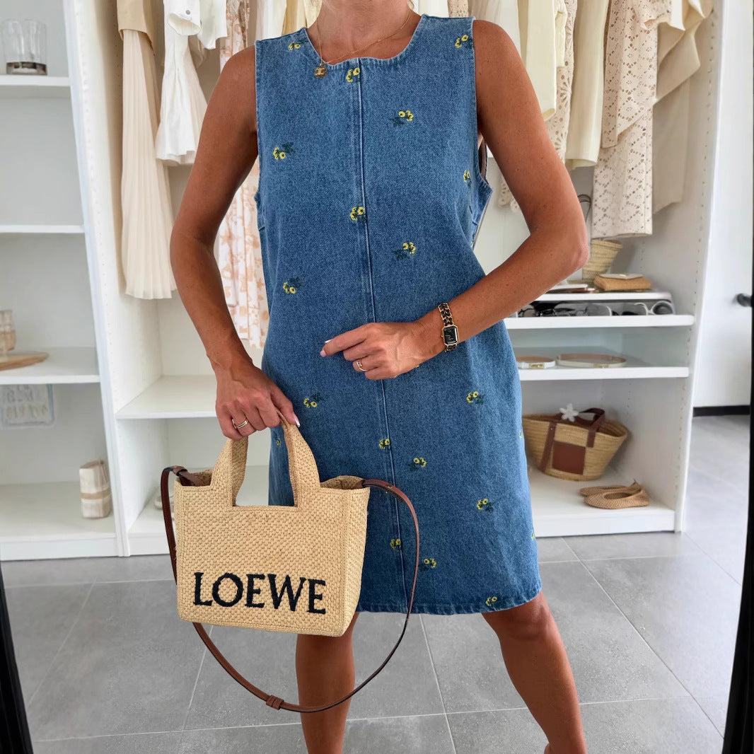 Floral Print Denim Sleeveless Dress Trendy Casual Wear