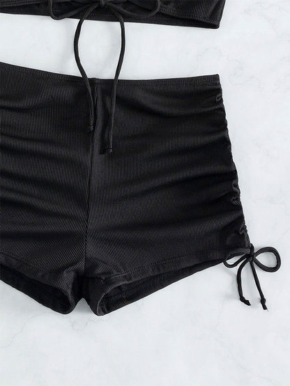2PCS Solid Color Halter Drawstring Swimwear