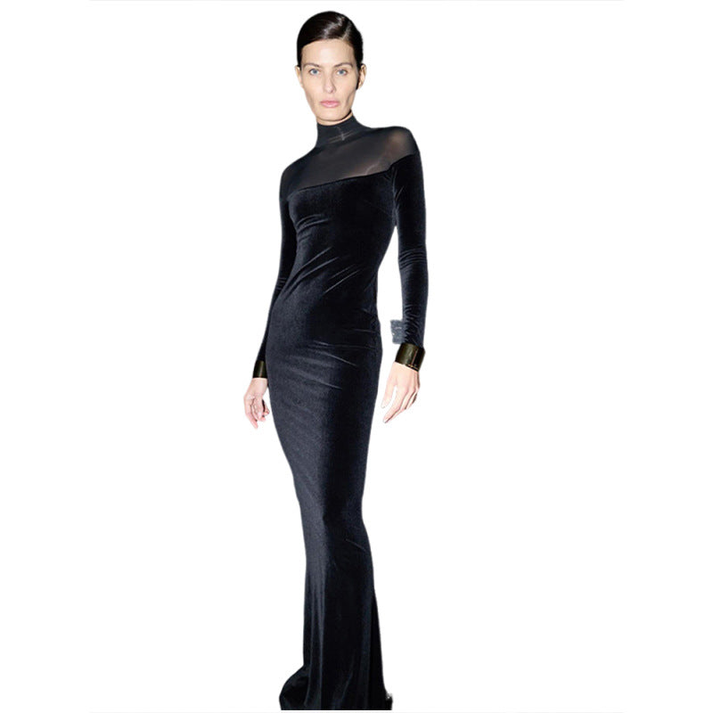 Elegant High Neck Long Sleeve Dress For Women - Solid Color Fit And Flare