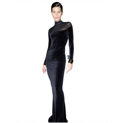 Elegant High Neck Long Sleeve Dress For Women - Solid Color Fit And Flare