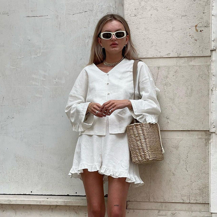 Summer Casual Two-Piece Set Beige Long Sleeve Shirt and High Waist Shorts