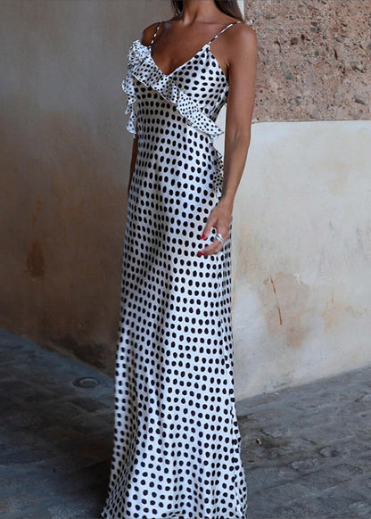Polka Dot Satin Slip Dress With Ruffle Details