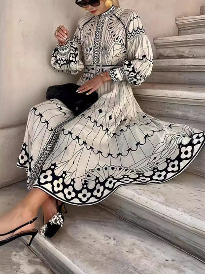 Elegant Long Sleeve Floral Print Dress with Waist Belt