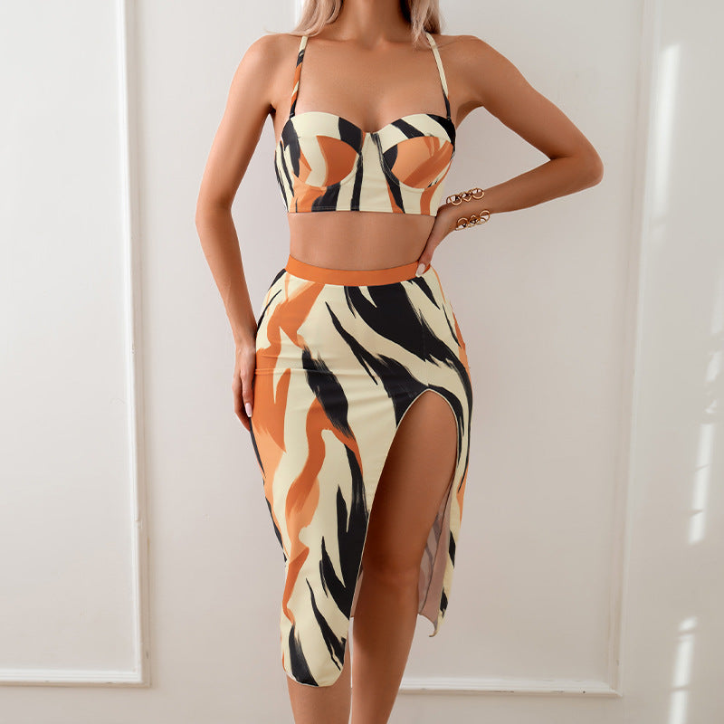 Women’S Three-Piece Print Bikini Set With Long Skirt