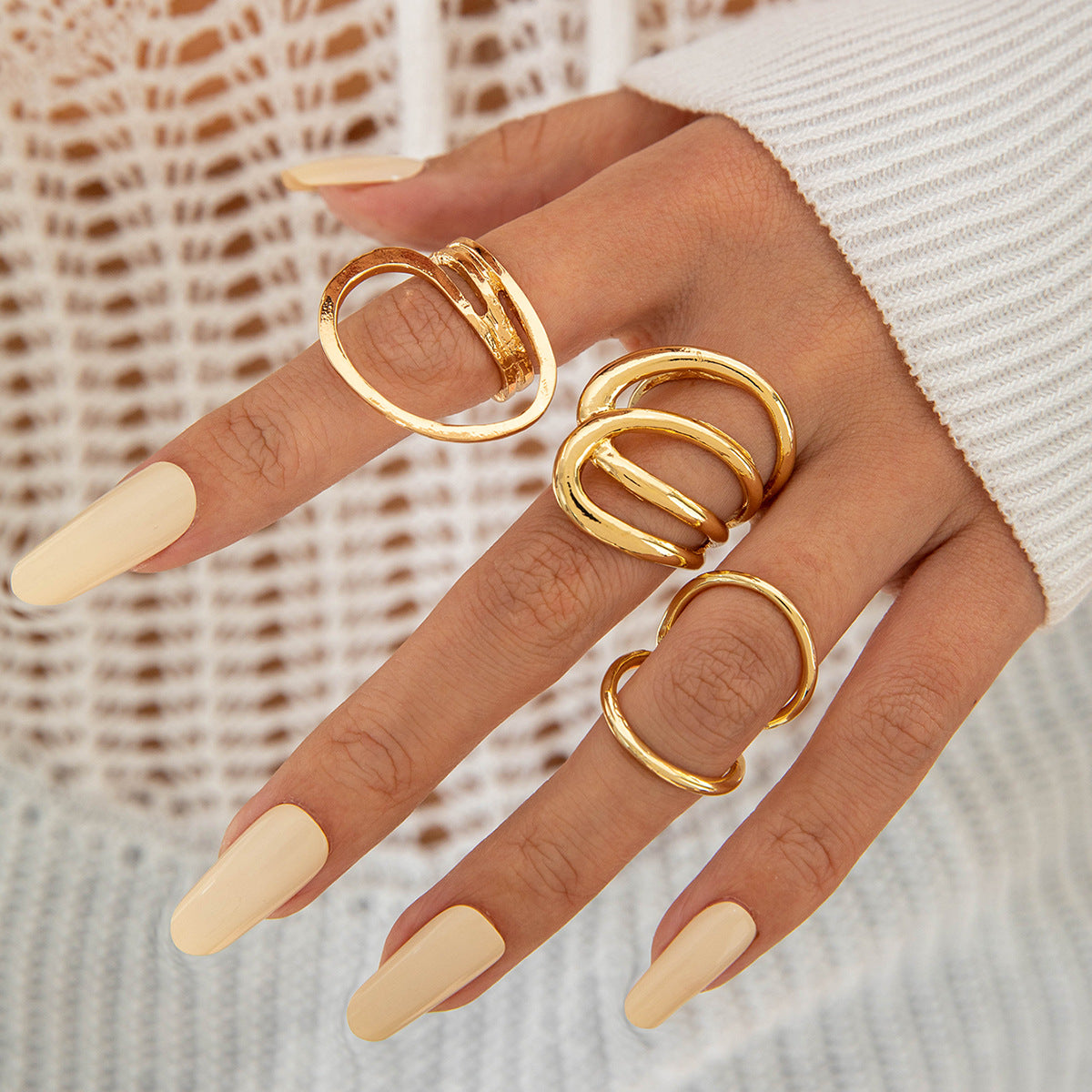 Geometric Hollow Statement Ring Set Stylish Mixed Metal Rings