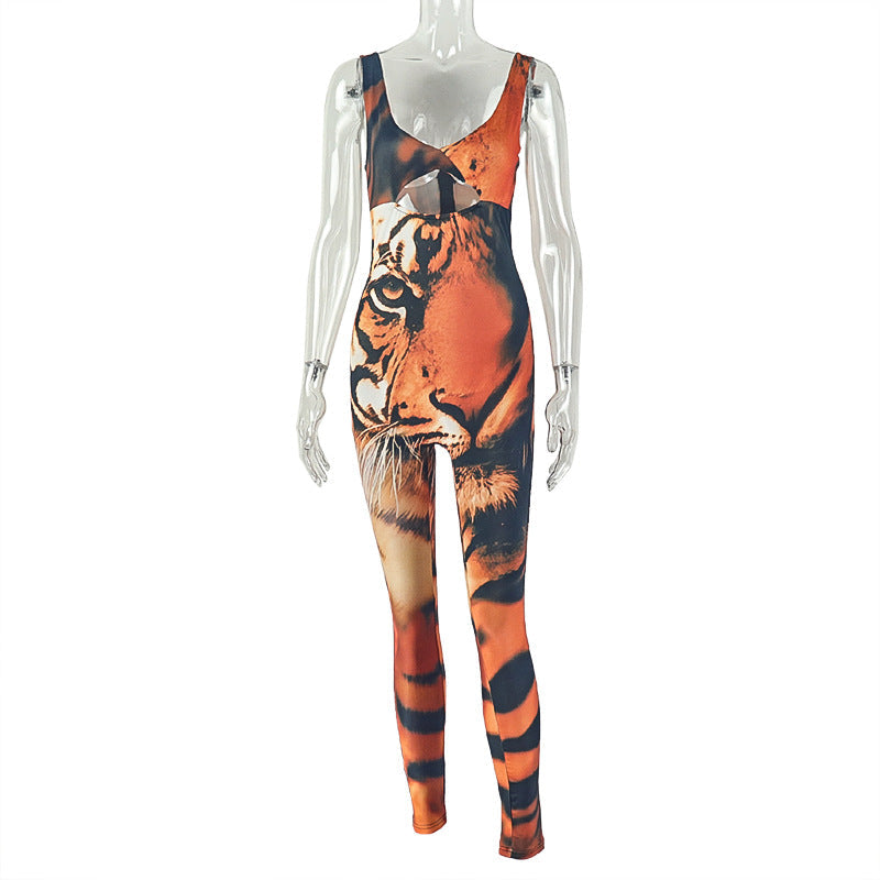 Stylish Tiger Print Bodycon Jumpsuit For Women