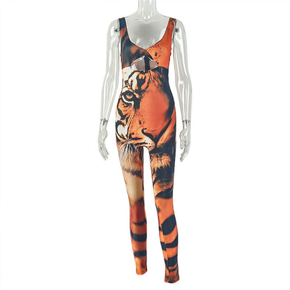 Stylish Tiger Print Bodycon Jumpsuit For Women