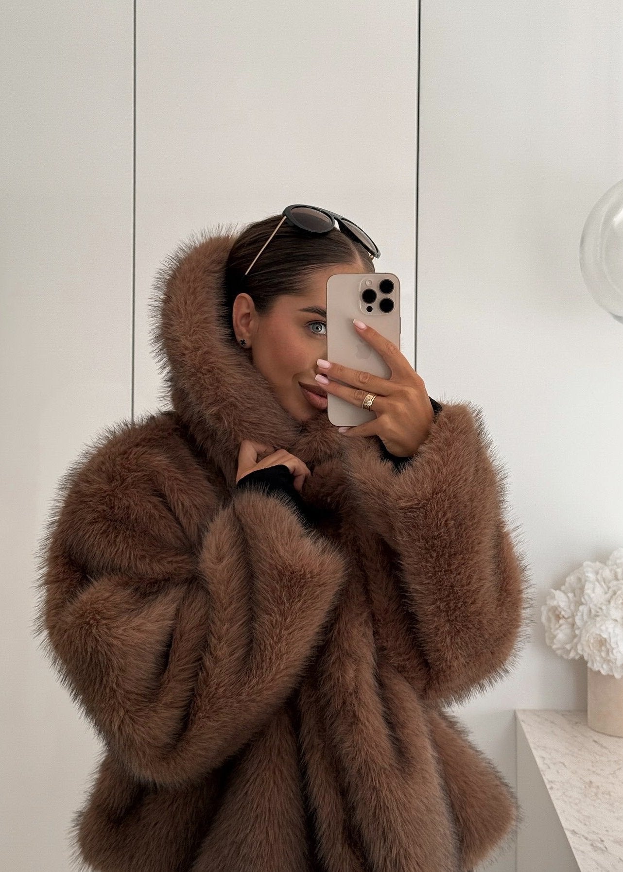 Faux Fur Jacket Plush Brown Oversized Fit