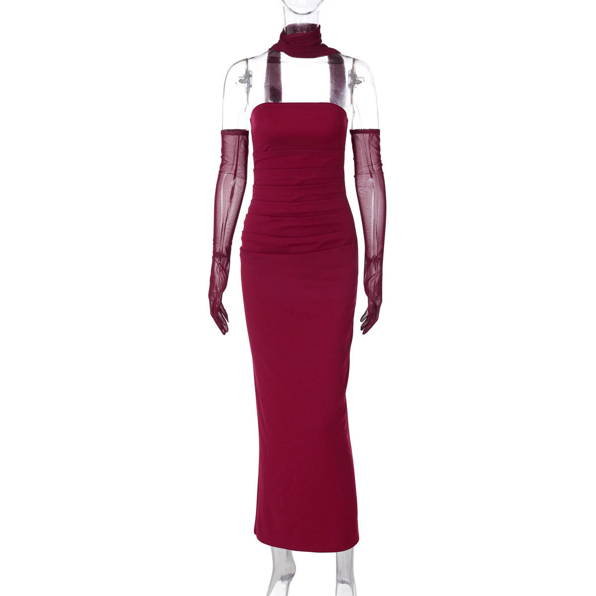 Elegant Strapless Gown with Sheer Sleeves
