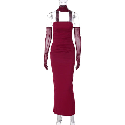 Elegant Strapless Gown with Sheer Sleeves