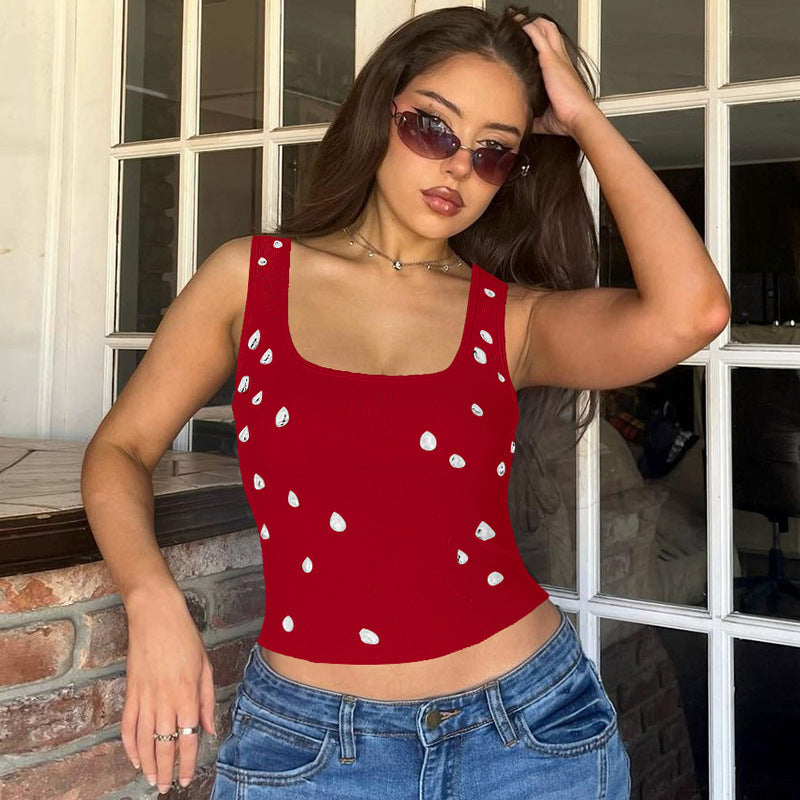 Trendy Sexy Cropped U-Neck Tank Top with Beading