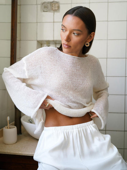 Hollow Knit T-Shirt with Bell Sleeves for Women