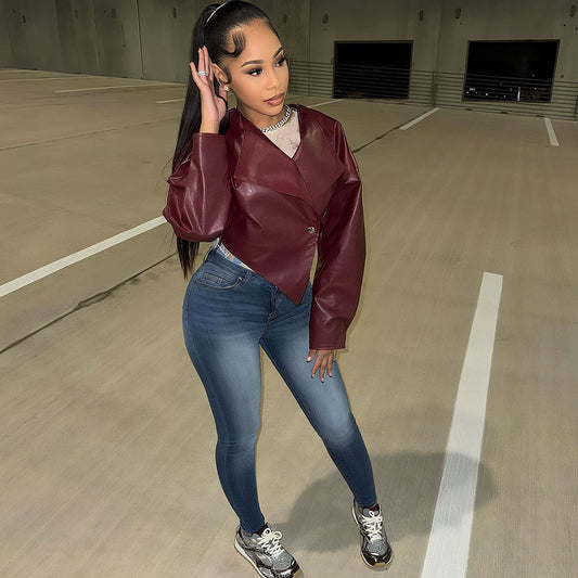 Trendy Casual Cropped Pu Leather Jacket For Women