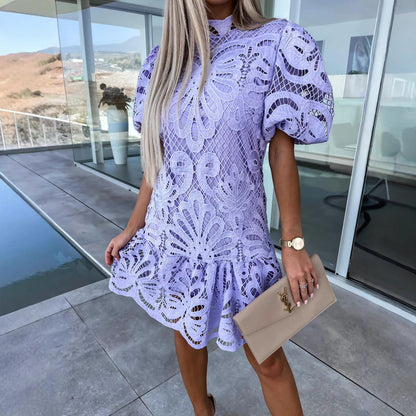 Elegant Hollow Lace Dress with Ruffles for Commuting