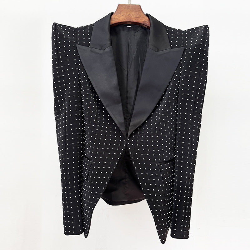 Unique Shoulder Pad Fitted Blazer And Pearl Embellished Skirt Set