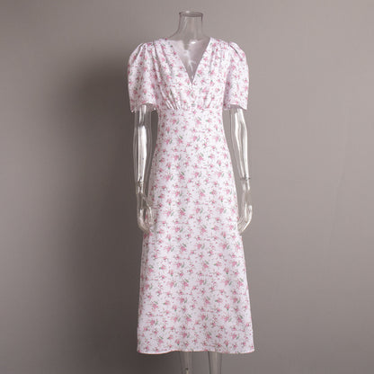 Floral Maxi Dress V-Neck Short Sleeve Elegant Casual