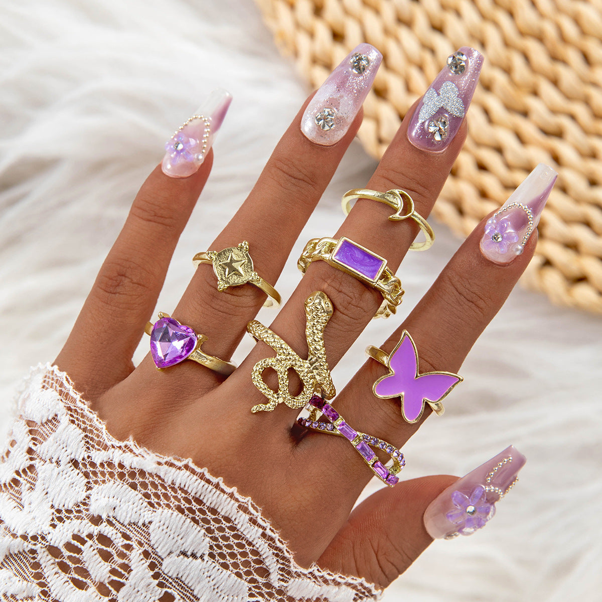 Heart Gemstone Ring Geometric Alloy Ring Set