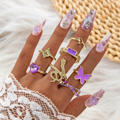 Heart Gemstone Ring Geometric Alloy Ring Set