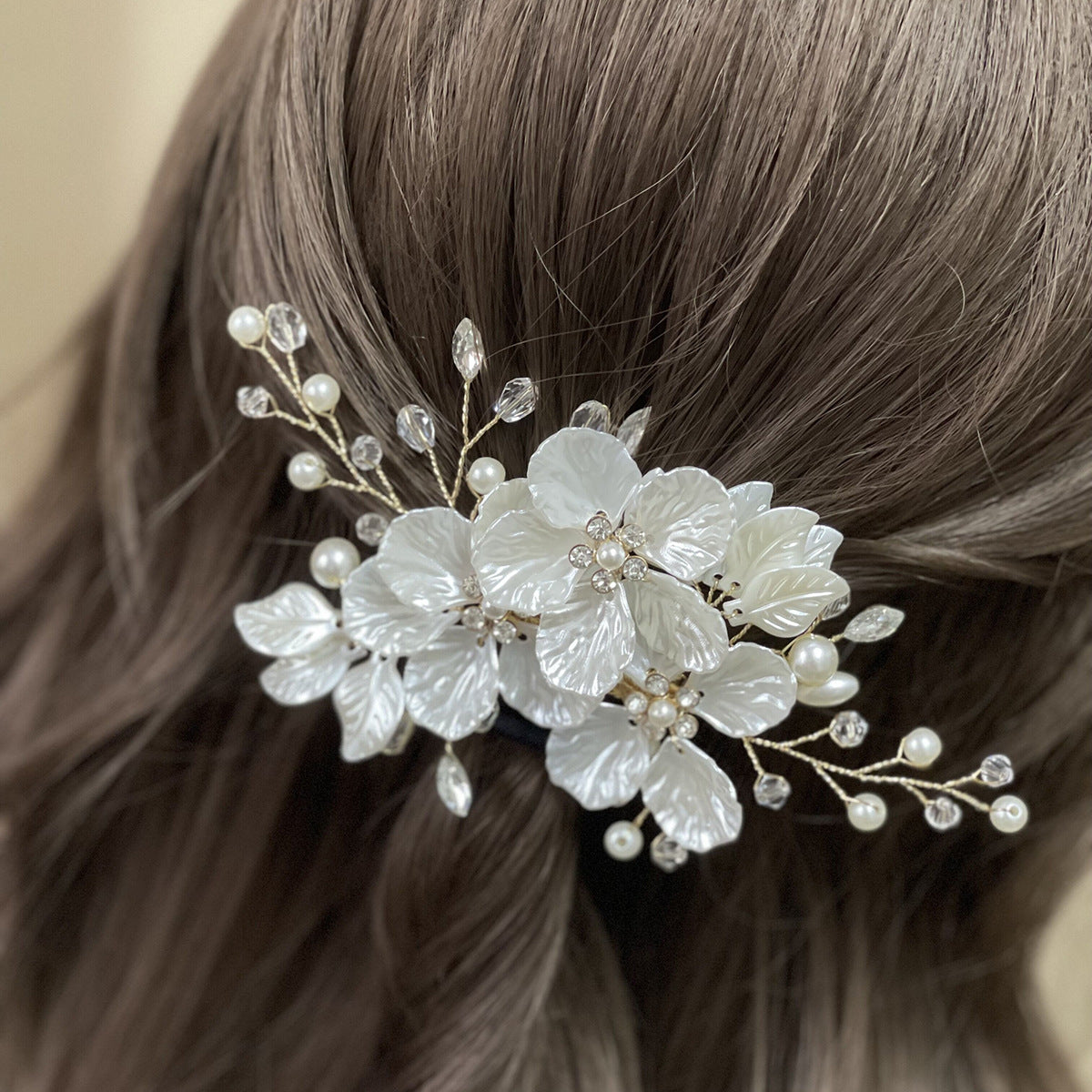 Bridal Pearl and Crystal Hair Clip with Shell Petals