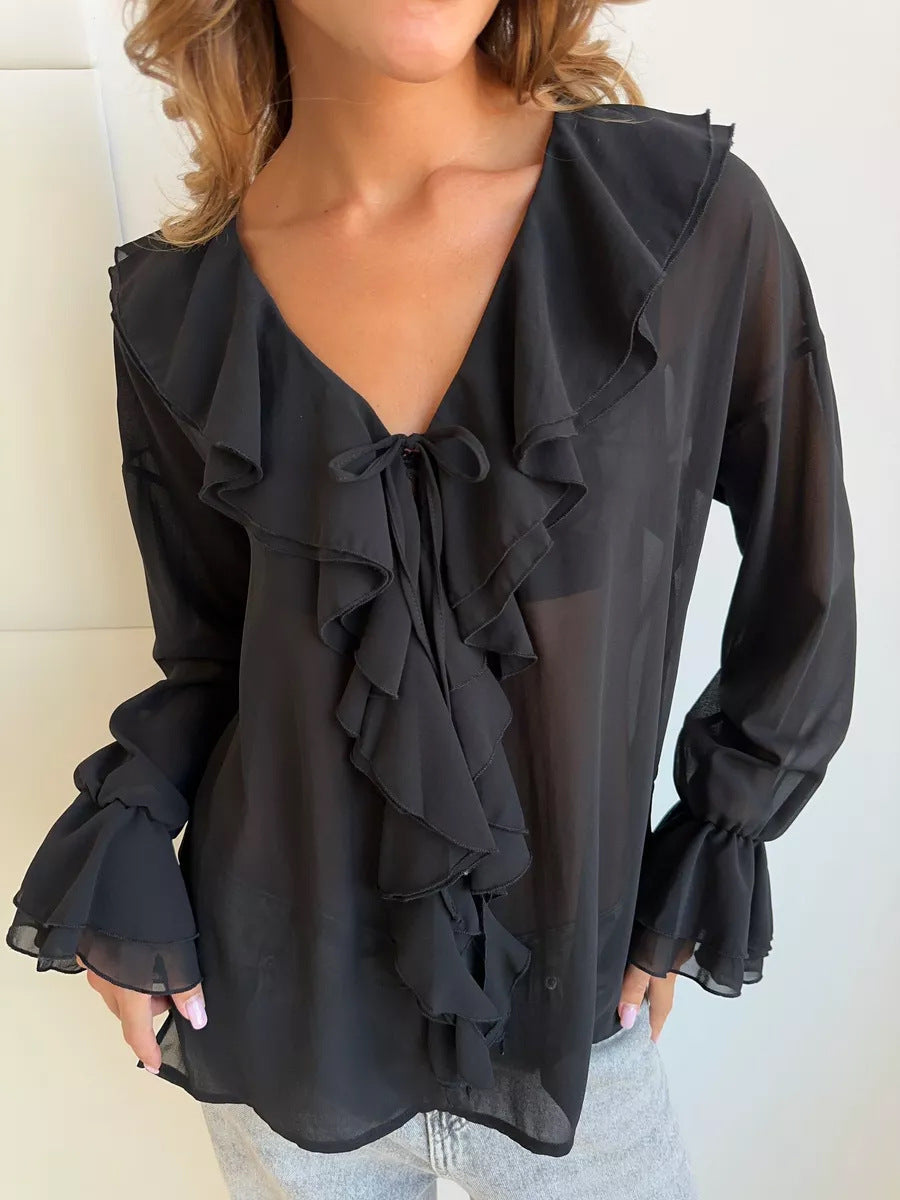 Ruffle V-Neck See Through String Tops
