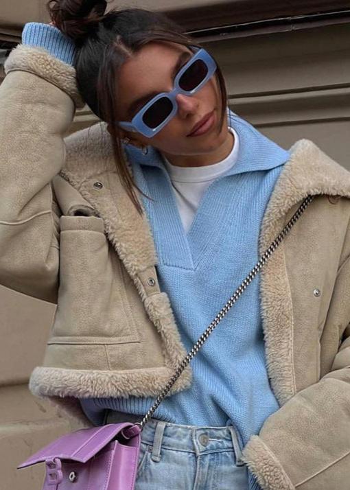 Blue Knit Pullover With Collar Detail Casual Style
