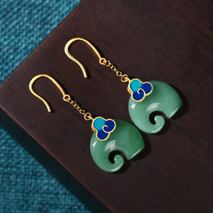 Gold-Plated Cold Enamel Xiangyun Elephant Imitation Hetian Jade Vintage Cheongsam Wind Earrings Earrings Earrings Jade Jewelry