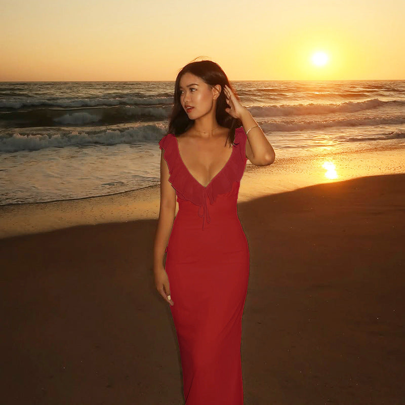 Sleeveless Ruffle Bodycon Dress V-Neck Elegant Summer Dress