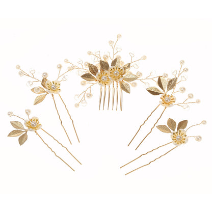 5-Piece Vintage Bridal Hair Clips with Pearls and Gold Leaves