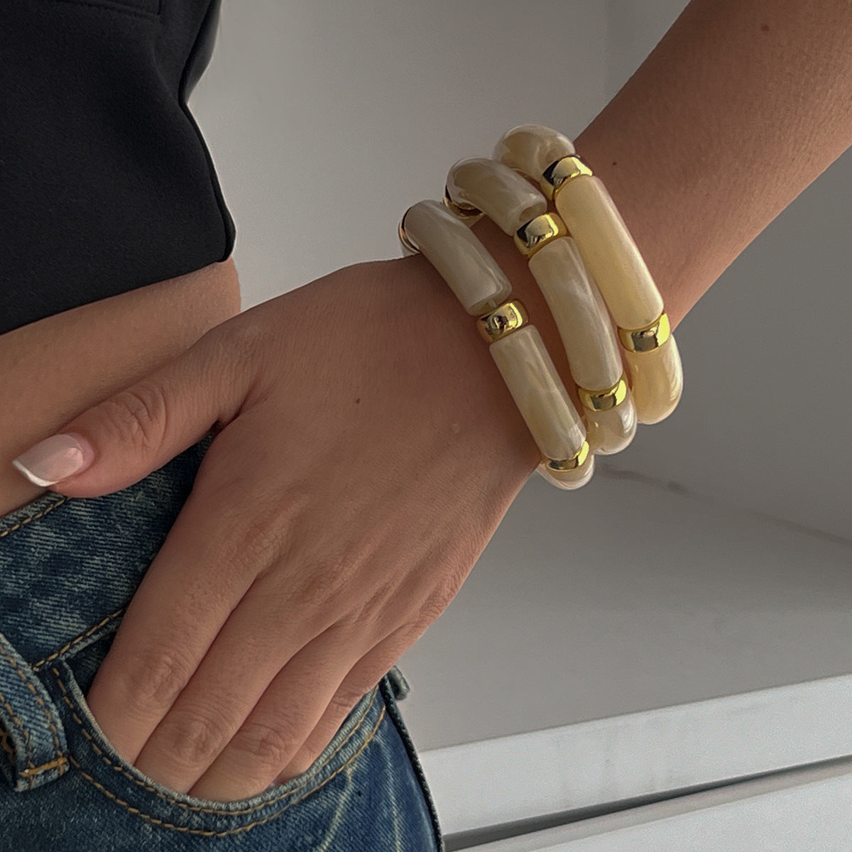 Trendy Beaded Bamboo Bracelets Set With Metallic Curved Tube Design