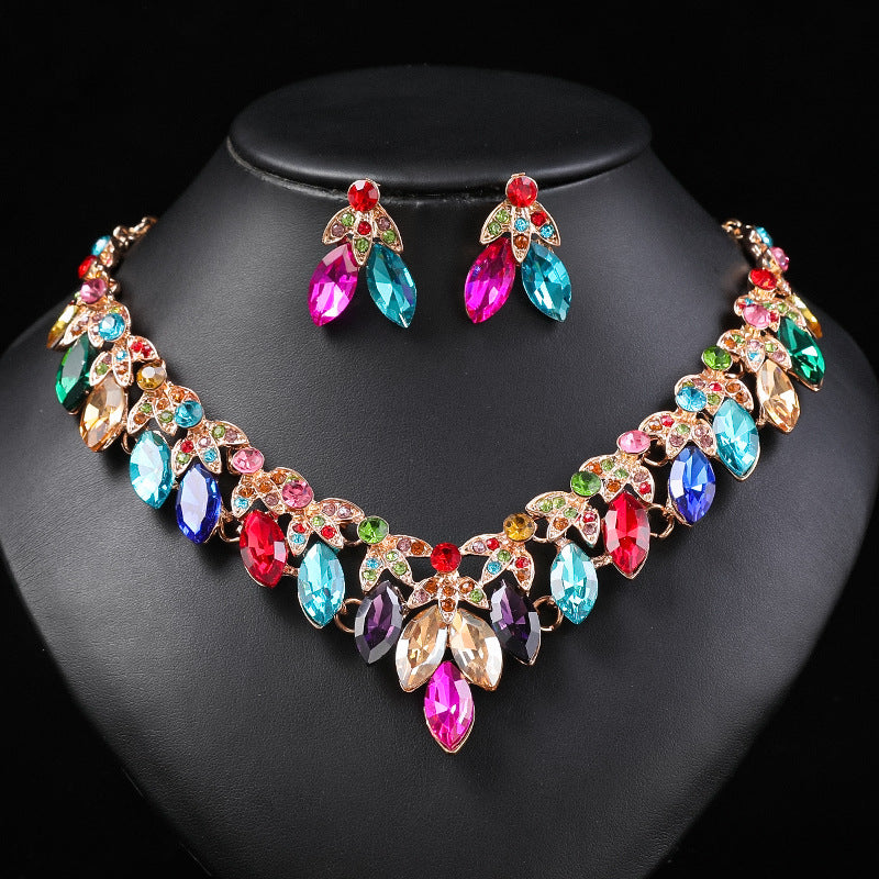 Retro Statement Necklace and Earring Set Crystal Gem Short Chain Women's Fashion Accessories