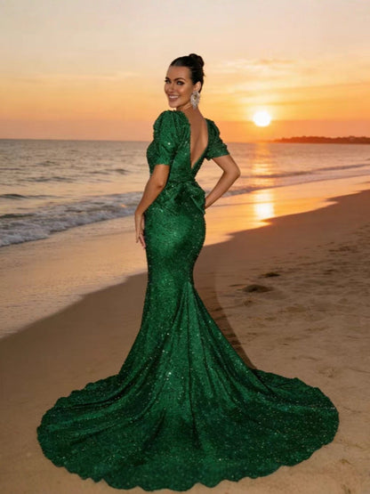 V-Neck Sequin Bodycon Maxi Dress With Lantern Sleeves