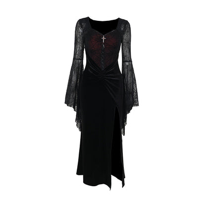 Halloween Elegant Sexy Split Velvet Dress with Bell Sleeves