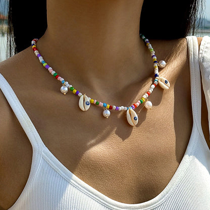 Bohemian Shell Bead Necklace With Starfish And Palm Tree Accents