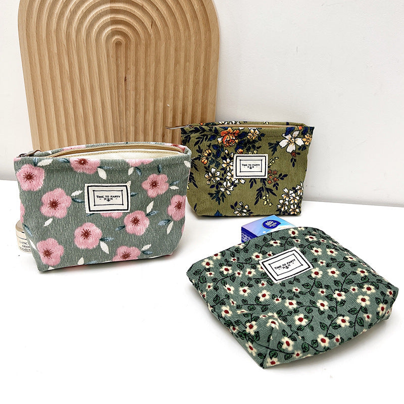 Corduroy Floral Zipper Makeup Bag Portable Travel Toiletry Organizer