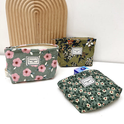 Corduroy Floral Zipper Makeup Bag Portable Travel Toiletry Organizer