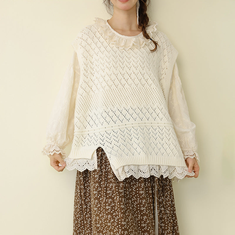 Chic Sleeveless Lace Trim Knitted Vest Top