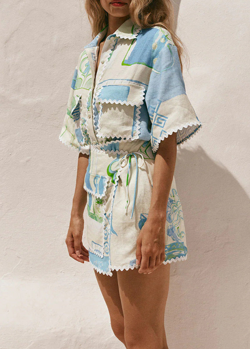 Linen Shirt and Skirt Set with Abstract Mediterranean Print