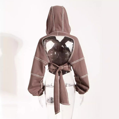 Color Block Hooded Short Sweatshirt For Women
