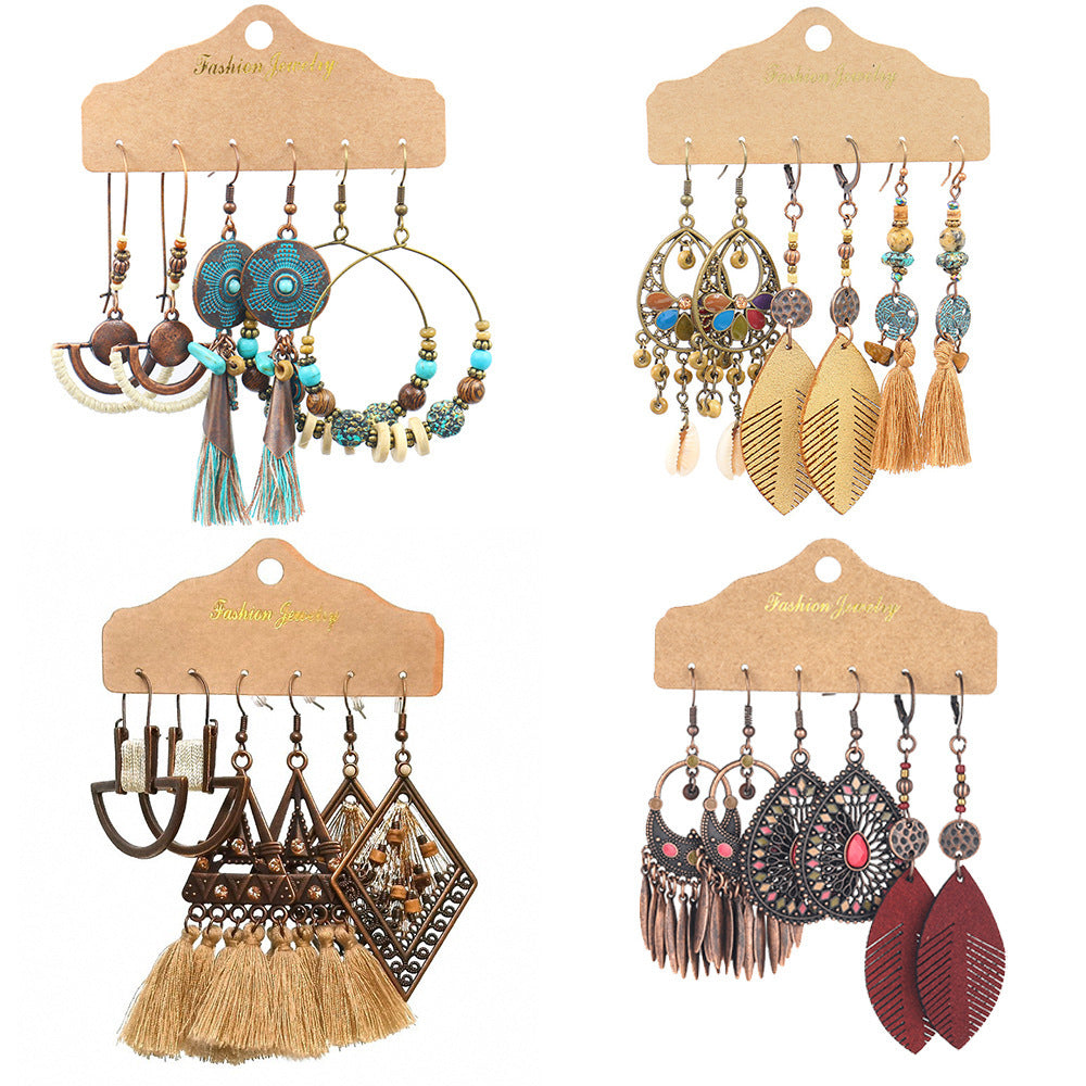 Bohemian Vintage Tassel Earrings Set - 3 Pairs Alloy Leather Dangle