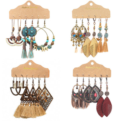 Bohemian Vintage Tassel Earrings Set - 3 Pairs Alloy Leather Dangle