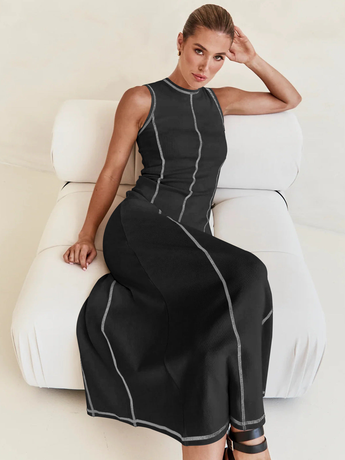 New Y2K Knit Sleeveless A-Line Dress with Round Neck