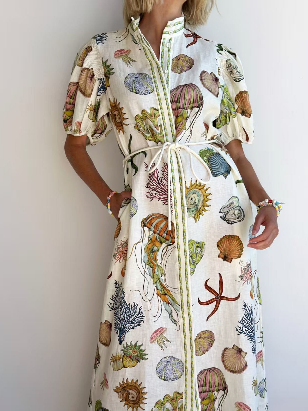 Casual Elegant Animal Pattern Linen Dress with Stand Collar